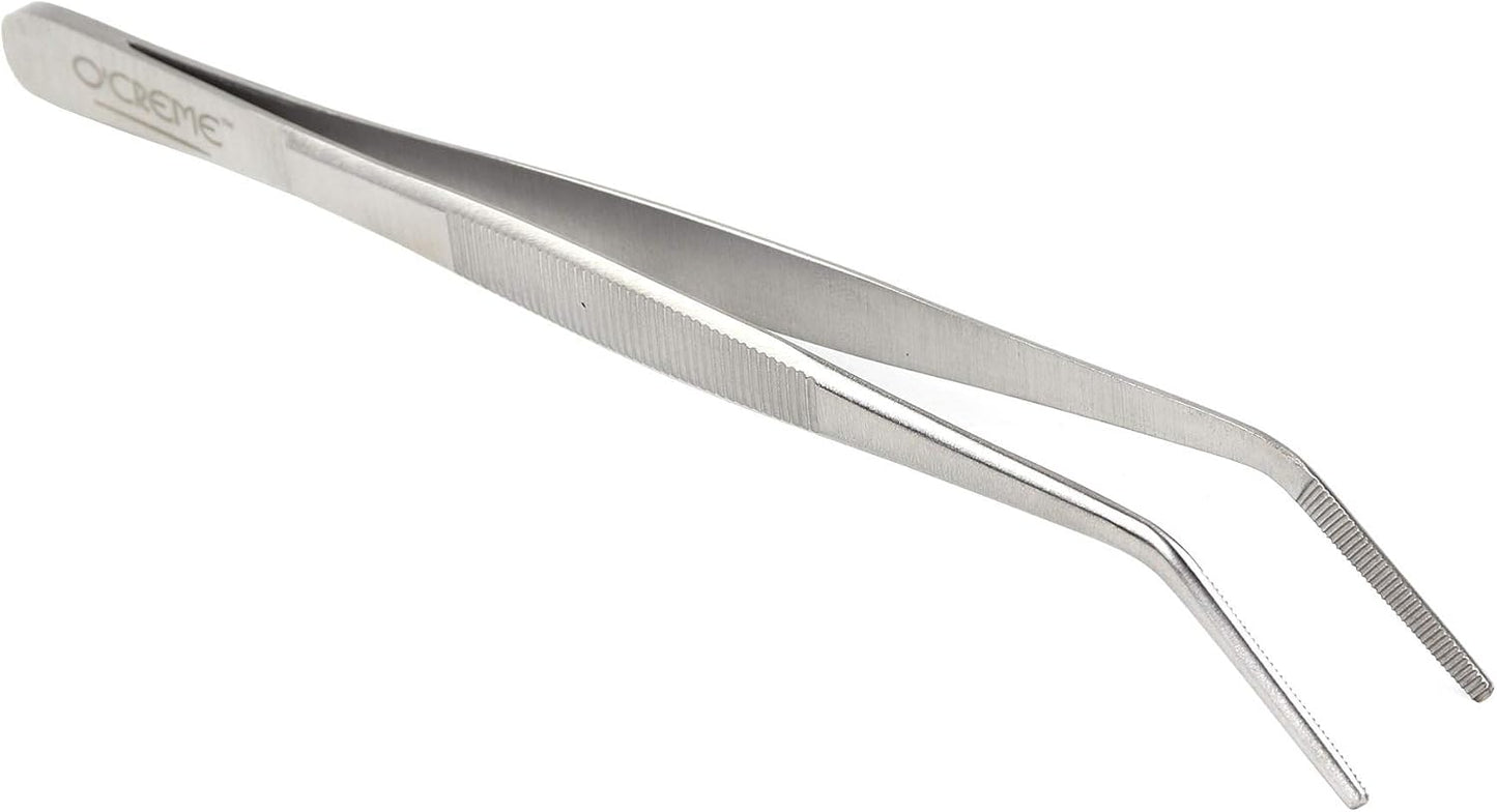 O'Creme 8 Inch Black Stainless Steel Precision Kitchen Culinary Offset Tweezer Tongs