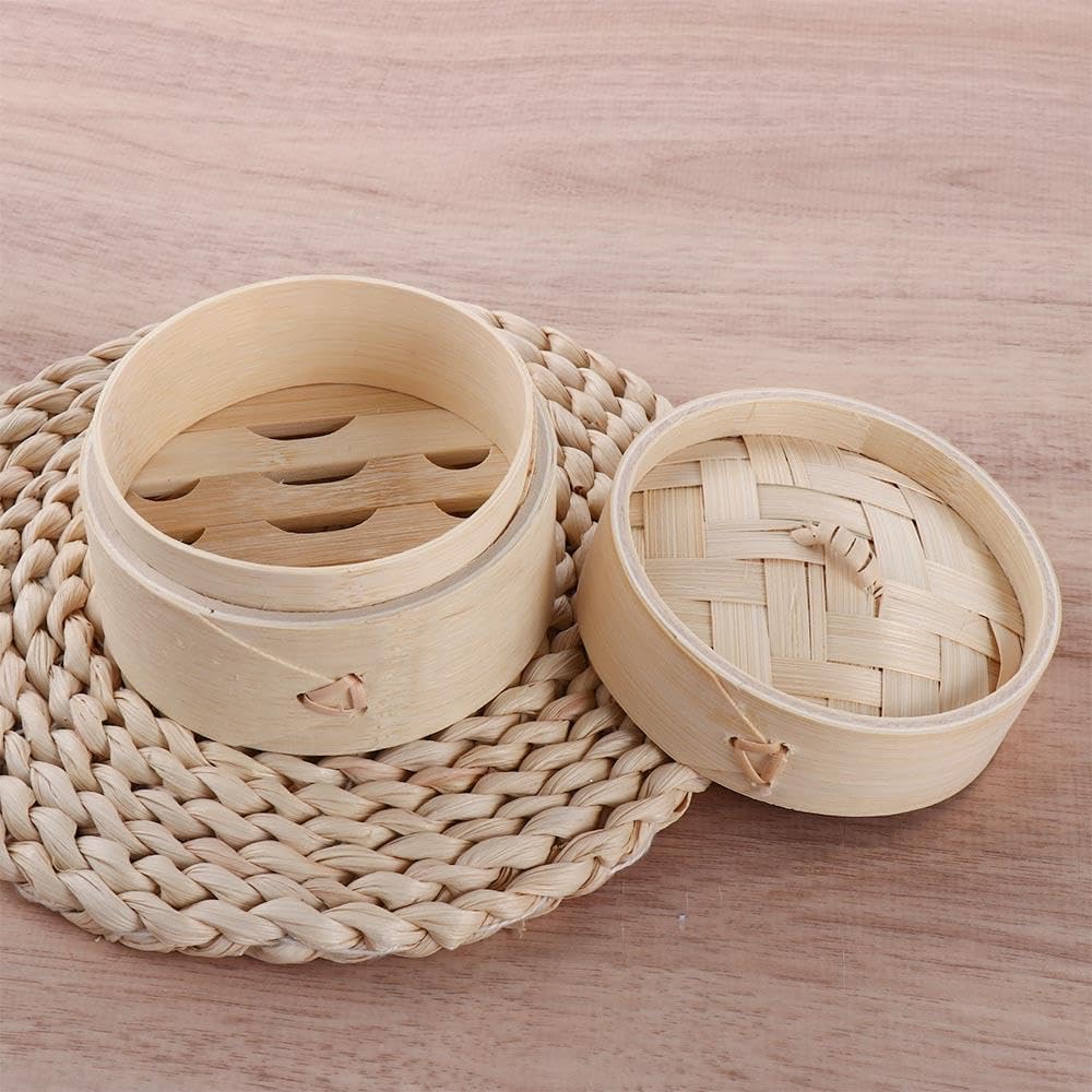 Natural Bamboo Steamer Basket, Traditional Chinese Food Steamer Basket with Lid for Kitchen Cooking Dumplings Vegetables Meat Fish Rice(3.93 * 1.18inch)