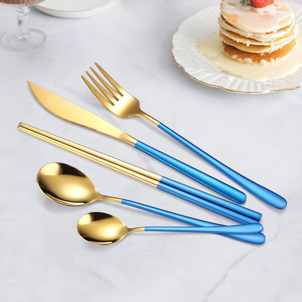 AARAINBOW 6 Pieces 18/8 Stainless Steel Flatware Set Portable Reusable Cutlery Set Travel Utensils Set Including Chopsticks Knife Fork Spoon Straws Cleaning Brush Dishwasher Safe (Green golden)
