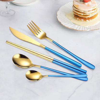 AARAINBOW 6 Pieces 18/8 Stainless Steel Flatware Set Portable Reusable Cutlery Set Travel Utensils Set Including Chopsticks Knife Fork Spoon Straws Cleaning Brush Dishwasher Safe (Green golden)