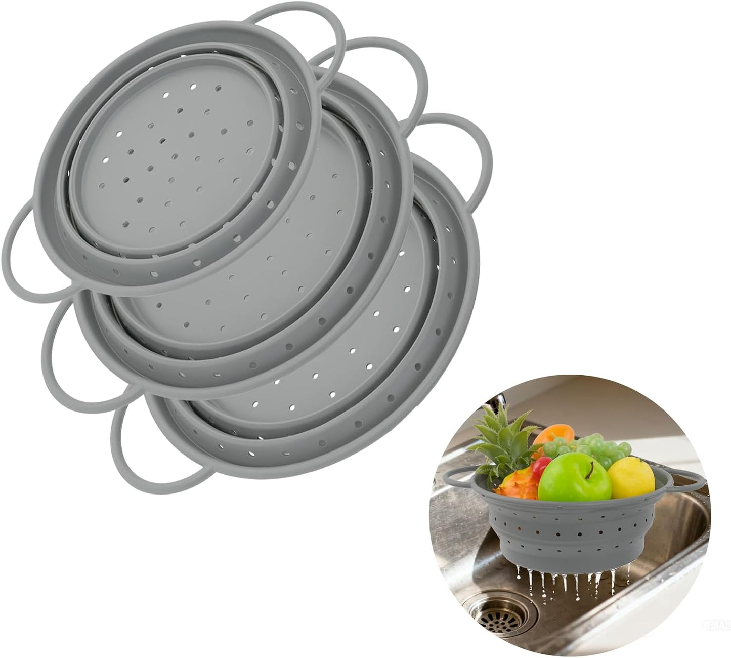 CEYAZYE Collapsible Colander Set of 3, Silicone Space-Saving Foldable Kitchen Pasta Strainer, Heat-Resistant Fast Draining Basket with Non-Slip Base and Handles, Food Strainer for Fruit, Vegetables
