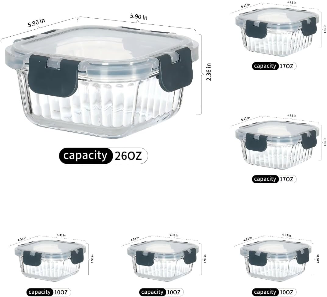 Glass Fluted Ombre grey Leak-Proof 6-Piece Set Food Storage Containers, Food Containers with Lids, Meal Prep Containers. (Rectangular)