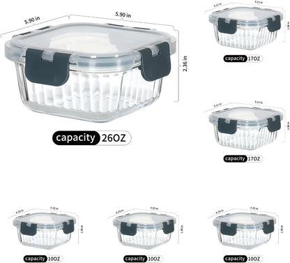 Glass Fluted Ombre grey Leak-Proof 6-Piece Set Food Storage Containers, Food Containers with Lids, Meal Prep Containers. (Rectangular)