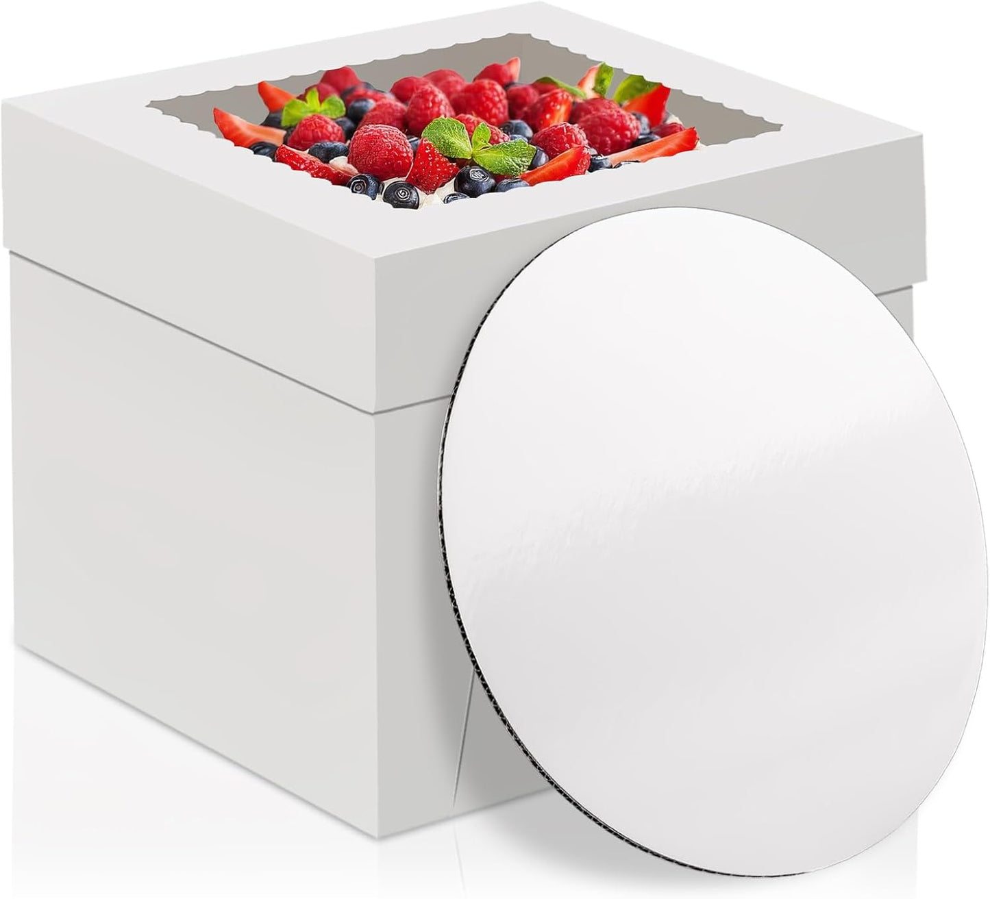 WINKIO 10 Inch Cake Box with Cake Boards, 2 Pack Disposable Cake Carrier, Cakes Transport Container, White Bakery Holder with Window, for Cookies Pies Cupcakes Pastry (10×10×8 Inches)