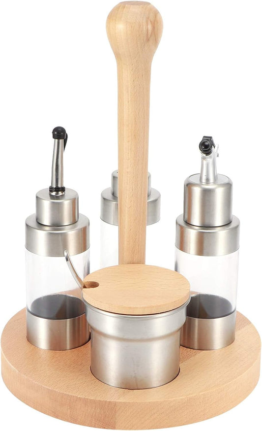 Cruet Set, Wood Condiment Spice Pepper Jar Box 5PCS Stainless Steel Plastic Oil Vinegar Salt Pepper Condiment Dispensers Set with Spoon (square wooden frame)
