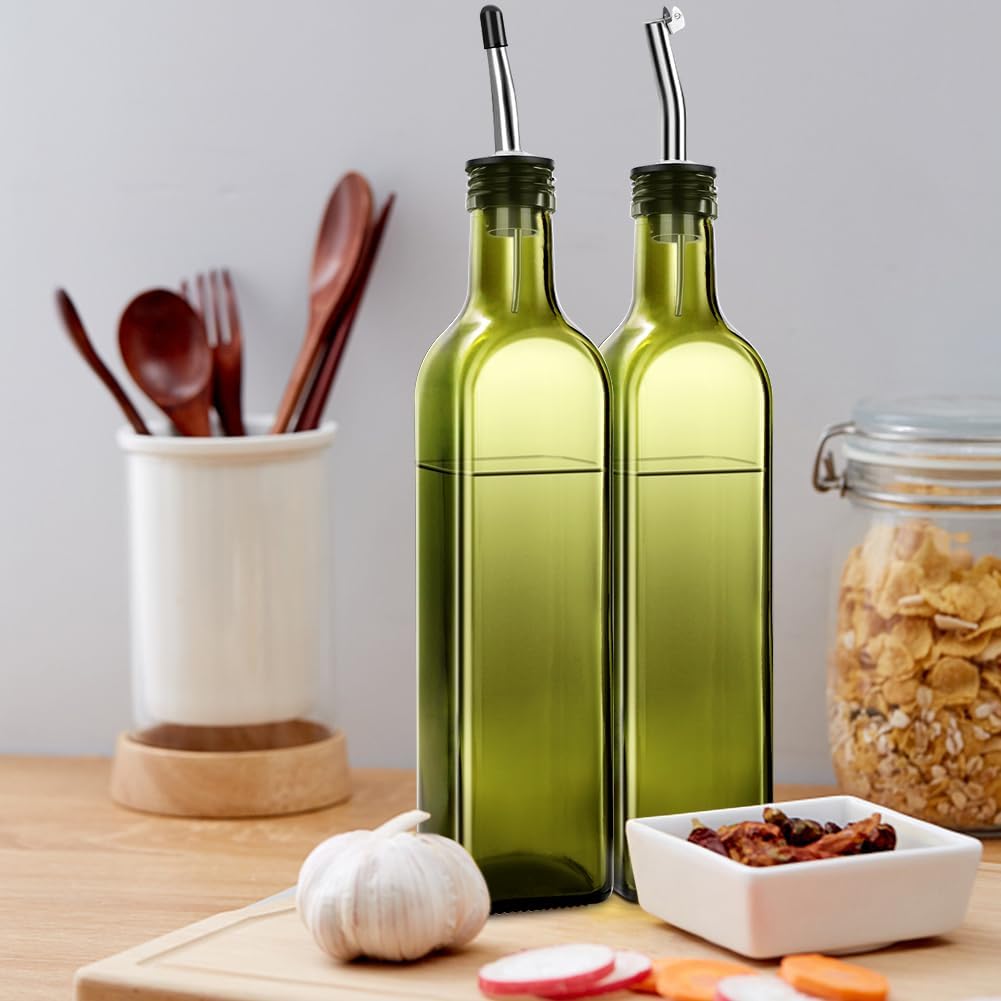 Leaflai 17oz Olive Oil Dispenser Bottle, 500ml Oil & Vinegar Cruet with 2 Stainless Steel Pourers, 2 Labels,1 Brush and 1 Funnel for Kitchen
