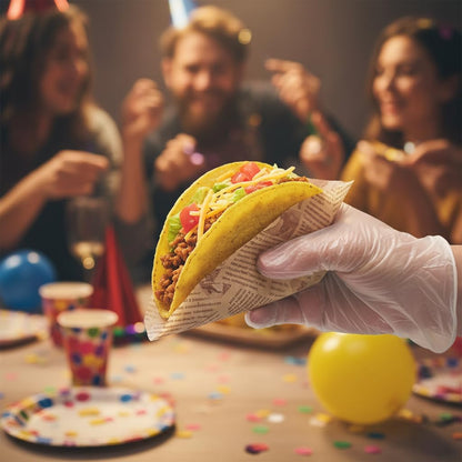 Disposable Taco Holders 24 Pack, Paper Taco Trays for Taco Bar, Includes 100 Grease-Resistant Liners & 100 Serving Gloves