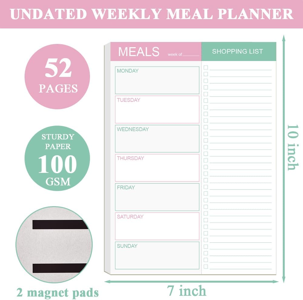 Magnetic Meal Planning Pad for Fridge - 10" x 7" Meal Planning Pad with Tear Off Shopping List. 52 Weeks Undated for Meal Planner and Grocery List with Magnet