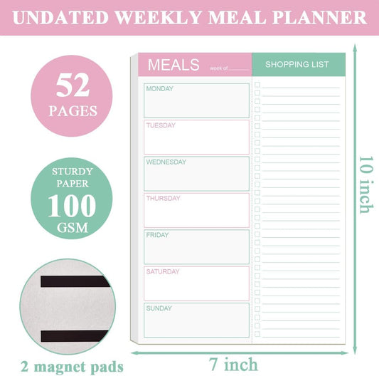 Magnetic Meal Planning Pad for Fridge - 10" x 7" Meal Planning Pad with Tear Off Shopping List. 52 Weeks Undated for Meal Planner and Grocery List with Magnet