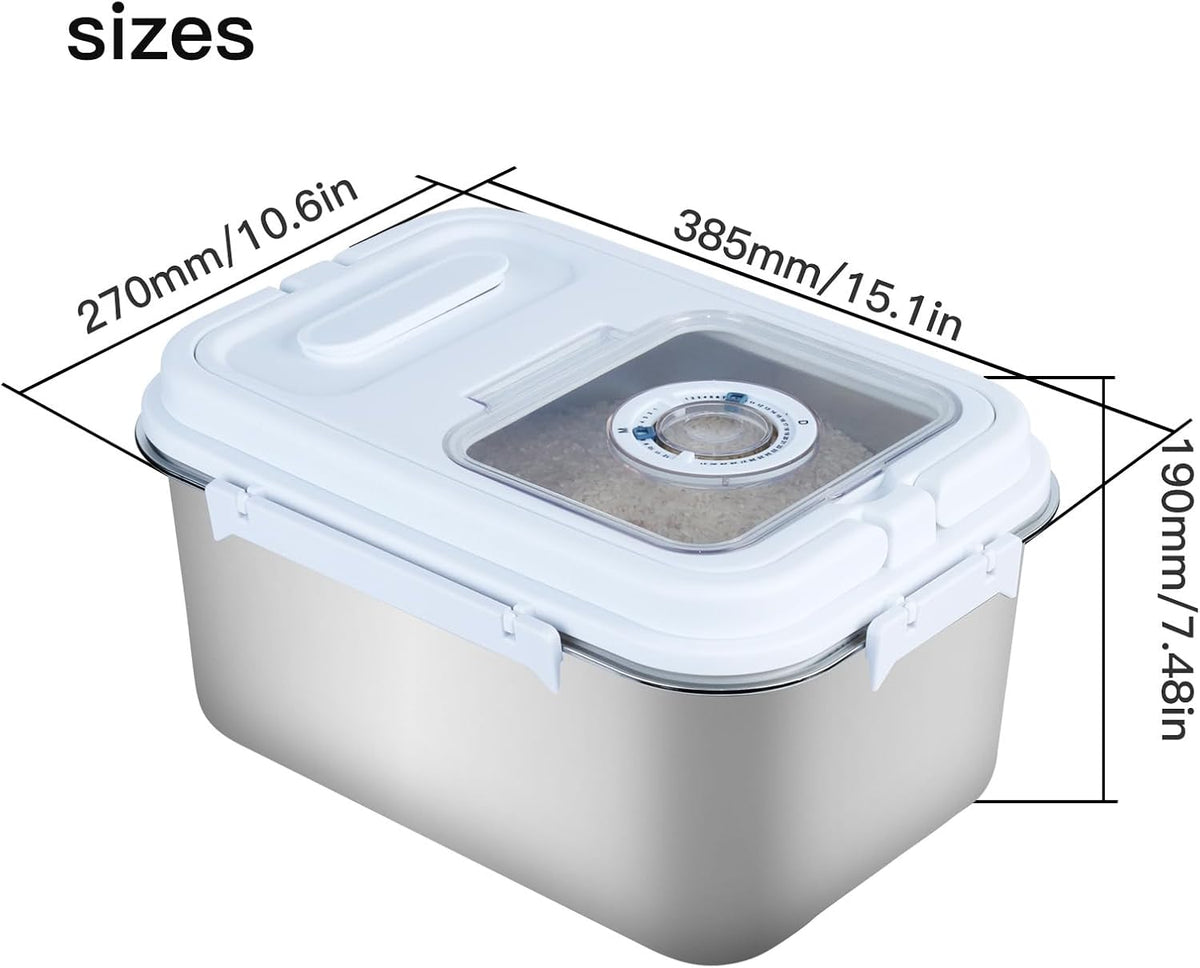 20Lbs Airtight Rice Container with Flip Lid, Stainless Steel Food Storage Container with Date Tracker, Measuring Cup and Spoon, 10L Portable Kitchen Pantry Bin for Flour Grain Sugar - Silver