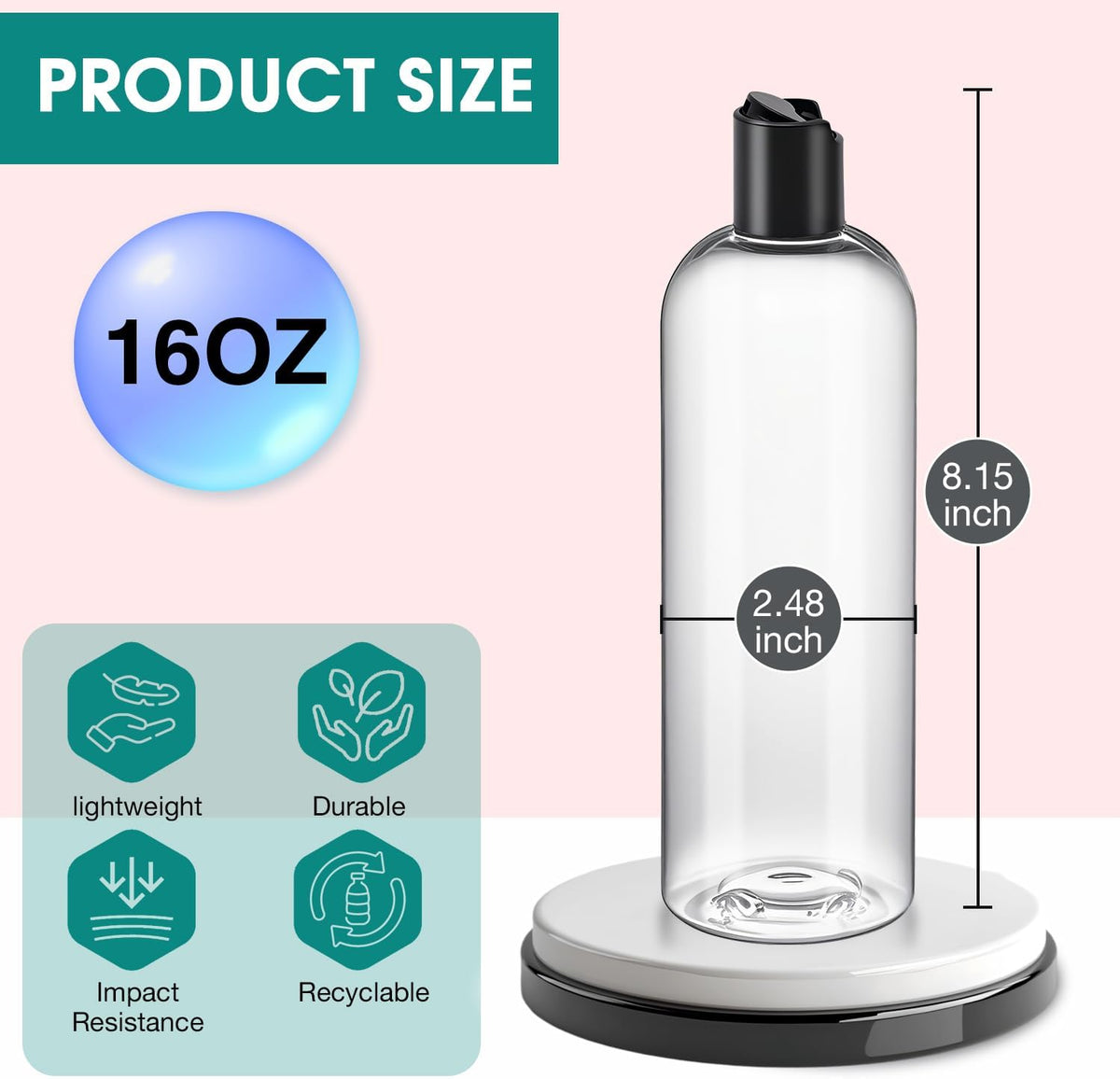 3Pcs 16 oz Clear Plastic Refillable Travel Bottles with Black Disc Top Caps