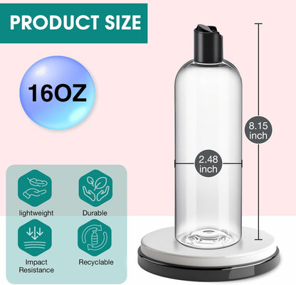 3Pcs 16 oz Clear Plastic Refillable Travel Bottles with Black Disc Top Caps