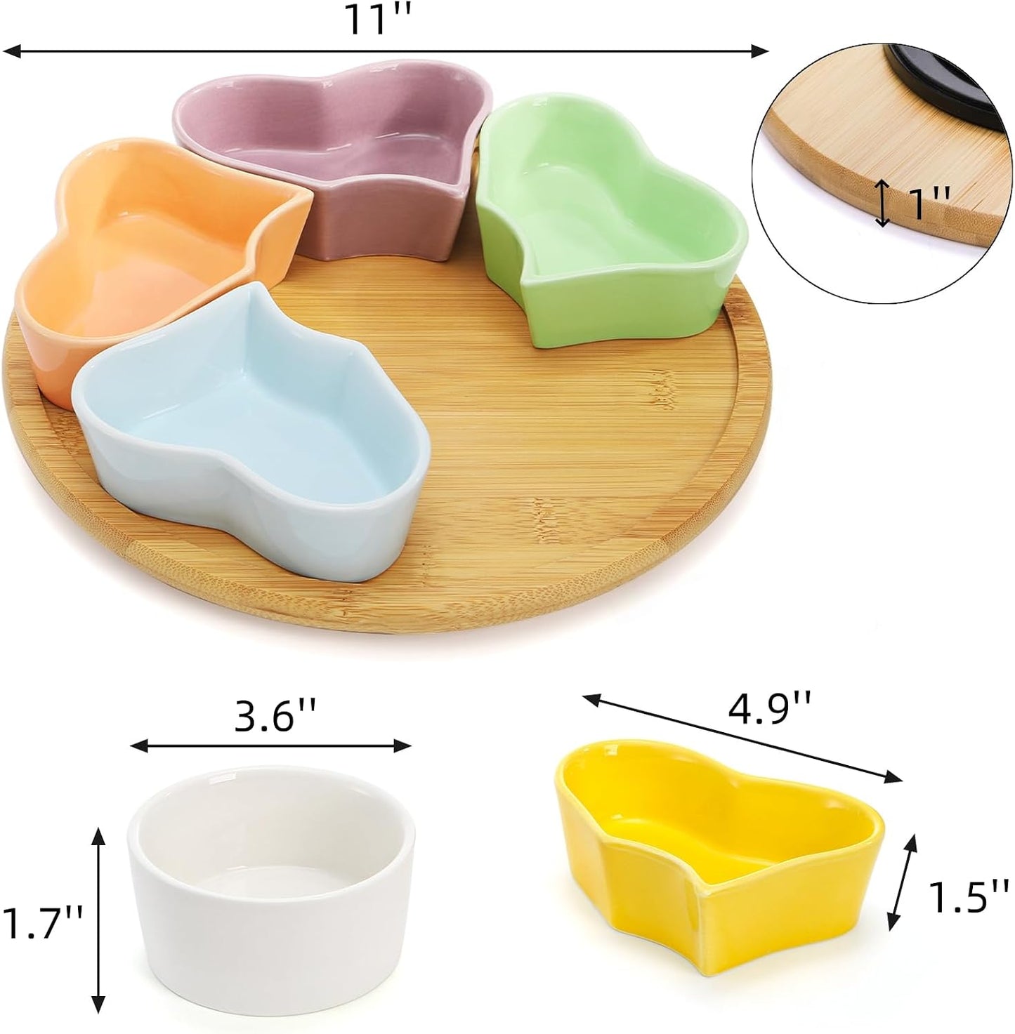 Cididu 11'' Lazy Susan Serving Tray, Ceramic 360° Rotating Serving Tray Platters, Removable Divided Appetizer Relish Dish, Heart Shape Snack Bowl Set for Party Kitchen Fruit Veggies Cheese, 7 Pieces