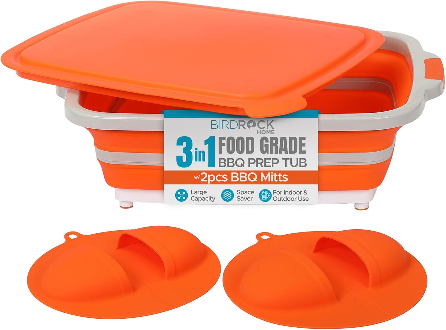 BIRDROCK HOME Collapsible Large BBQ Prep Tub w/Cutting Board, Multi-Function Grill Caddy w/Colander & Lid, Portable Silicone Dish Bowl for Picnic, Tailgate, Camping - Black