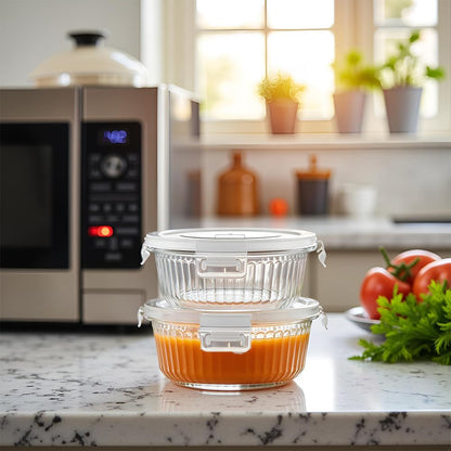 H.JSS WDJS 3Cup Round Glass Food Storage Containers with Airtight lids, 23oz Glass Meal Prep Containers, Heat-Resistant BPA-Free for Soup Leftover, Microwave, Dishwasher and Fridge Safe (white-4Pack)
