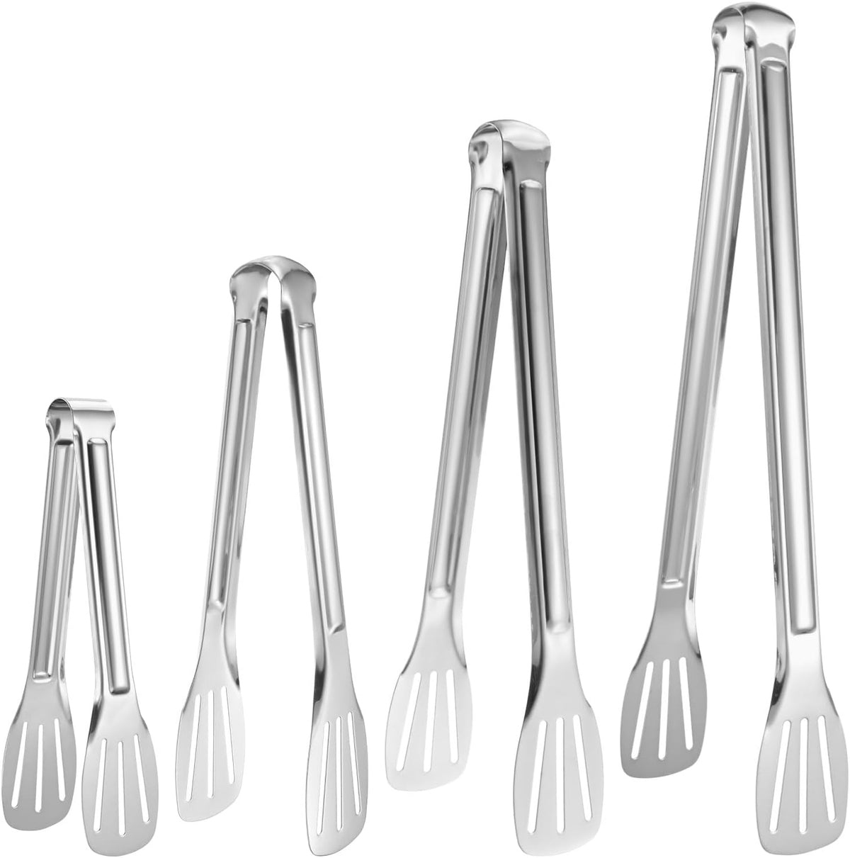 M METERXITY 4-Pack Grill Tongs, 7.3/9.3/11.4/13.4 Inch Non-Slip 304 Stainless Steel Locking Tongs for Cooking/Buffet/Outdoor Barbecue, BBQ Tweezers Metal Clamp Tools [Silver Tone]