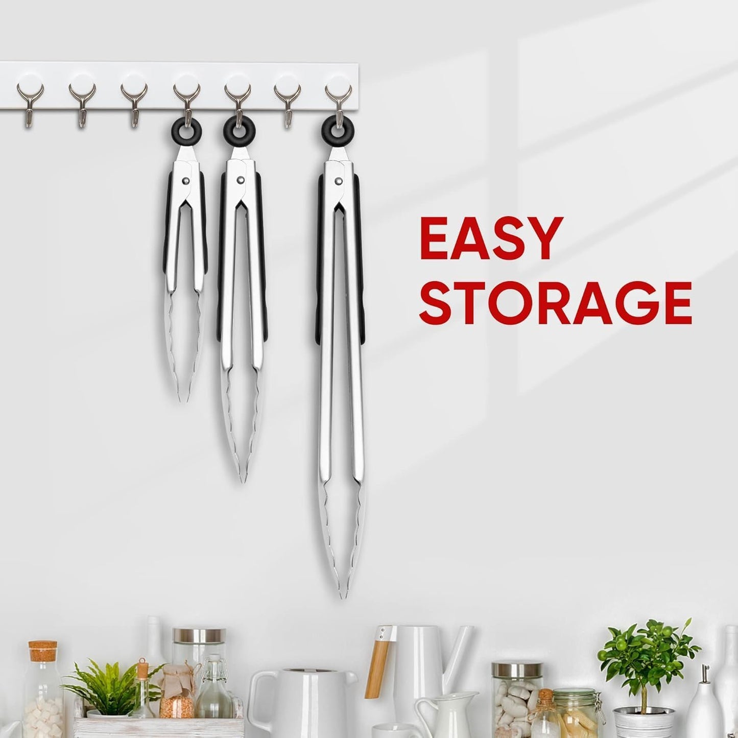 Tongs For Cooking - Heat Resistant 600 Degrees Stainless Steel Kitchen Tong,Heavy Duty Metal Locking Tongs - Perfect for Food,Salad and BBQ set of 3 (7",9" and 12") Dishwasher (Red)