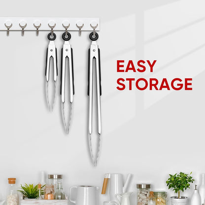 Tongs For Cooking - Heat Resistant 600 Degrees Stainless Steel Kitchen Tong,Heavy Duty Metal Locking Tongs - Perfect for Food,Salad and BBQ set of 3 (7",9" and 12") Dishwasher (Red)