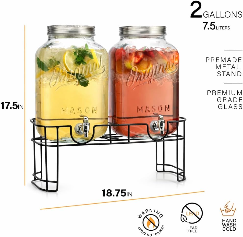2 PACK 1.5 Gallon Drink dispenser, Glass Beverage Dispenser With Elegant Stand Stand, Drink Dispensers for Parties With Spigot 100% Leakproof. Perfect For Parties And Daily Use