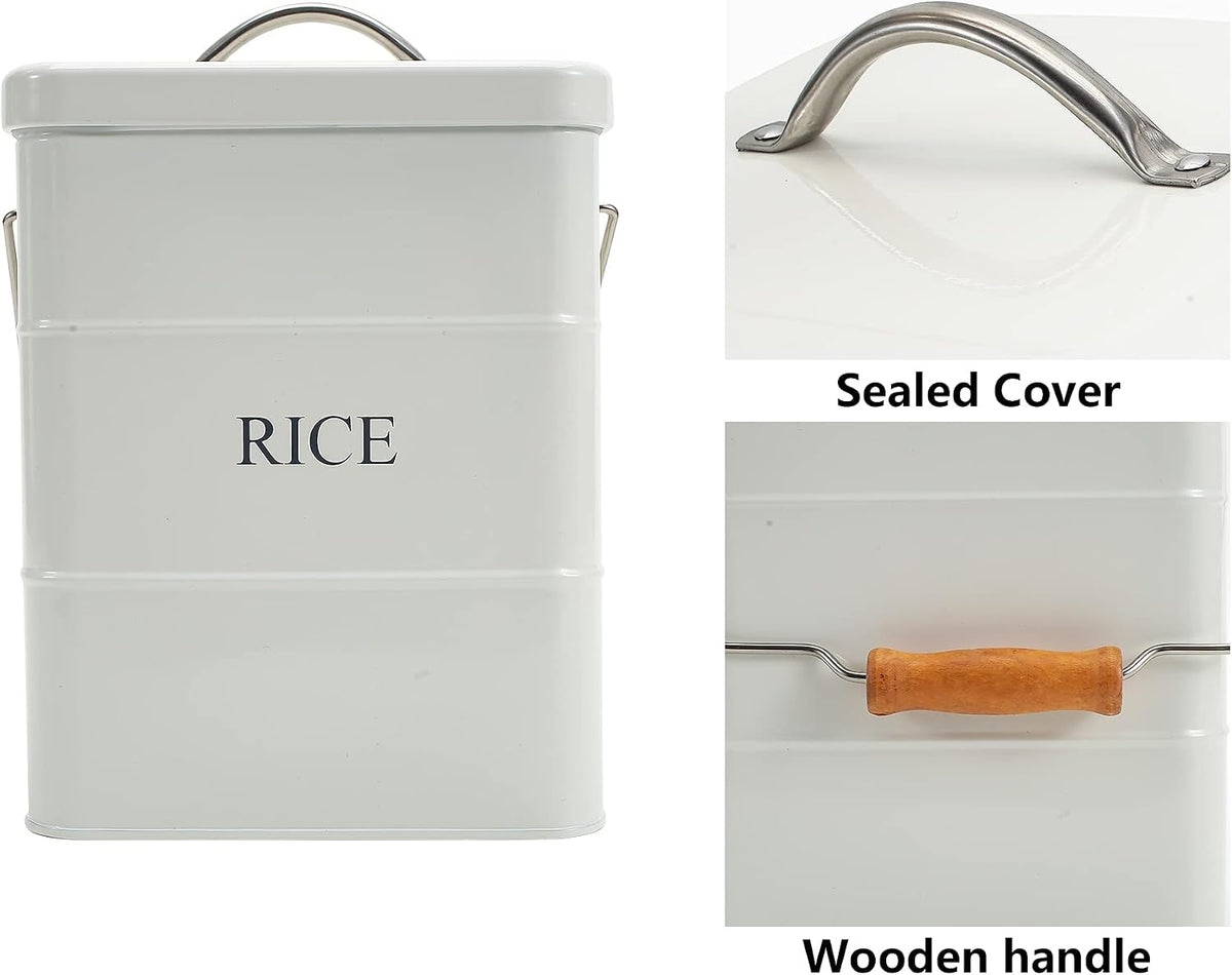 Metal Rice Storage Box, Square Rice Container with Lid and handle, Sealed Food Storage Bin for Kitchen, Countertop Organizer Jar for Rice Flour Soybean Grain Cereal-White