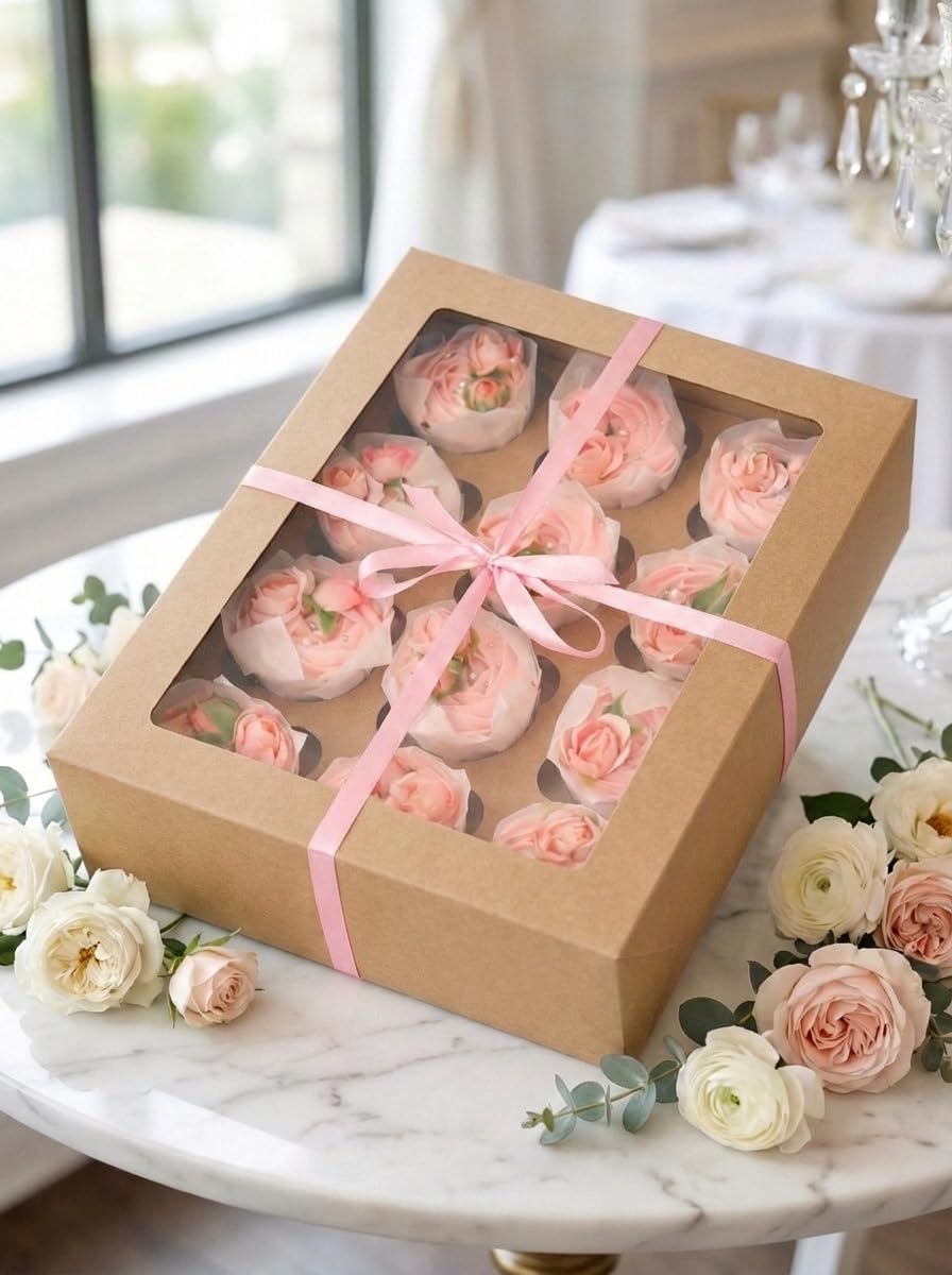 Bakepacker Auto-pop up 12 Cupcake Containers 6-Packs Brown Cupcakes Carrier, 12 Cupcake Boxes with Window 13"x10"x3.5"
