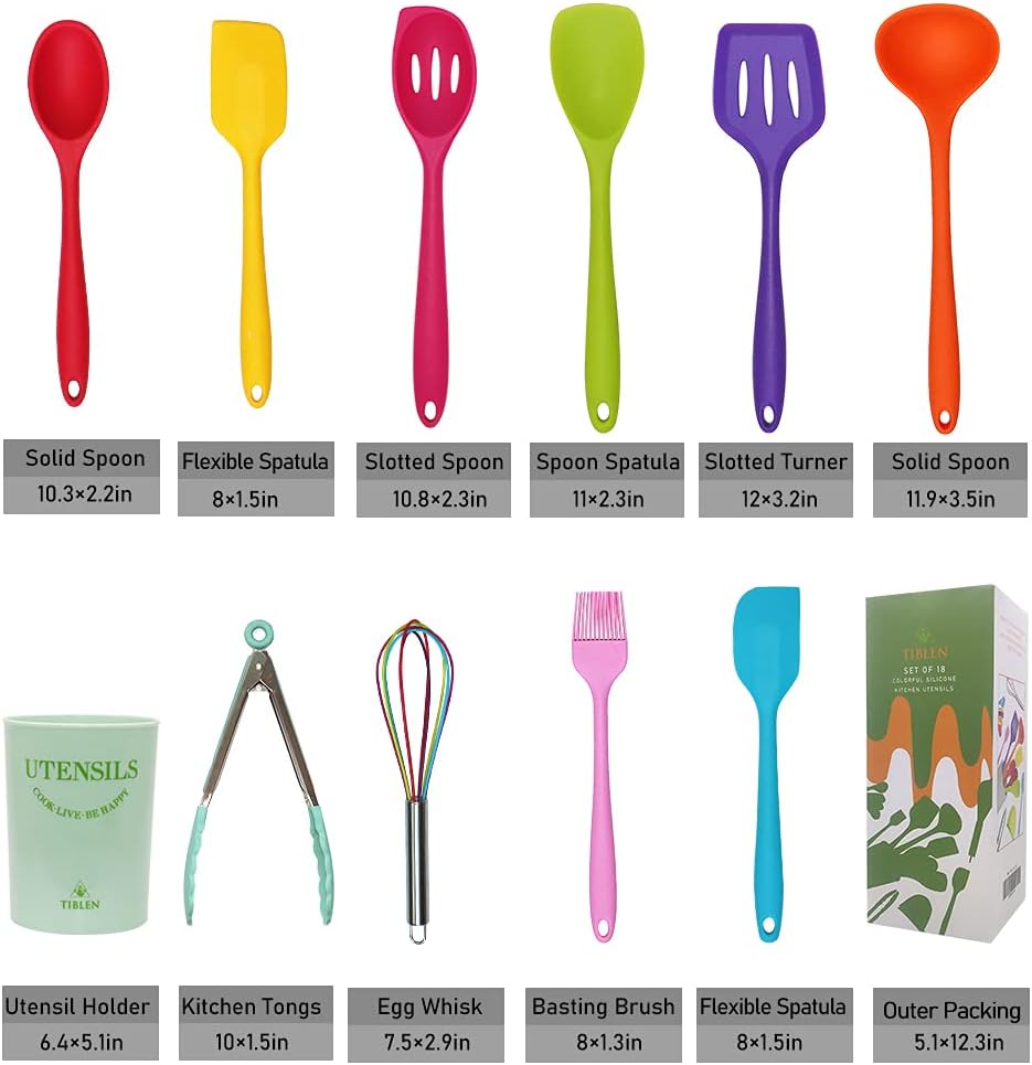 18-Piece Silicone Kitchen Utensils Set, Colorful Non-Toxic Cooking Tools, BPA Free Heat Resistant to 446°F, Safe for Non-Stick Cookware, Spoons Spatula Tongs Whisk Ladle, Dishwasher Safe by TIBLEN