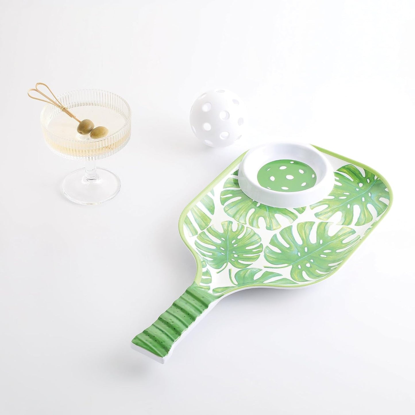 UPware Flamingo Melamine Chip and Dip Snack Tray, Tropical Floral Pickleball Paddle Shape Platter for Chips, Salsa, Fruits, and Appetizers, 15.75 x 8 Inch