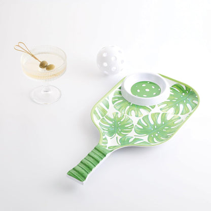 UPware Flamingo Melamine Chip and Dip Snack Tray, Tropical Floral Pickleball Paddle Shape Platter for Chips, Salsa, Fruits, and Appetizers, 15.75 x 8 Inch