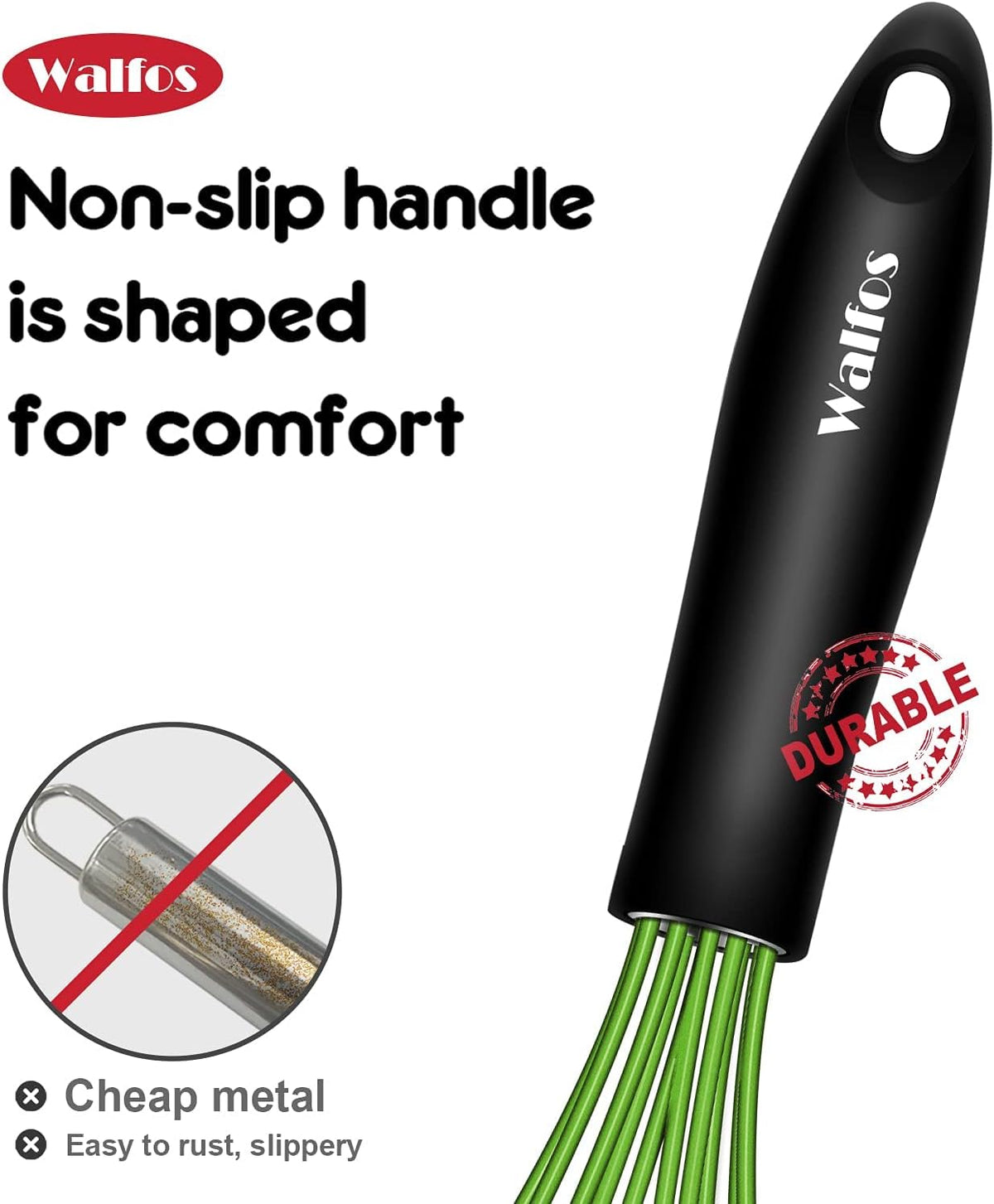 Walfos Silicone Whisk,Stainless Steel Wire Whisk -Heat Resistant 480°F Kitchen Whisks for Non-stick Cookware,Balloon Egg Beater Perfect for Blending,Whisking,Beating,Frothing & Stirring,Black