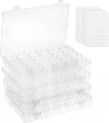 2 Pack Clear Bead Organizer Tackle Box with Adjustable Dividers for Jewelry Art Craft Containers 36 Grids Compartment with 5 Sheets Label Stickers