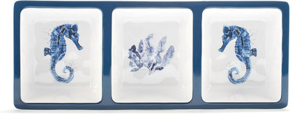Sea Life Melamine 3-Piece Hostess Serving Set – Coastal Ocean-Themed Chip & Dip Bowl, 3-Section Relish Tray, and Rectangular Platter, Break-Resistant Nautical Tableware, Dishwasher Safe