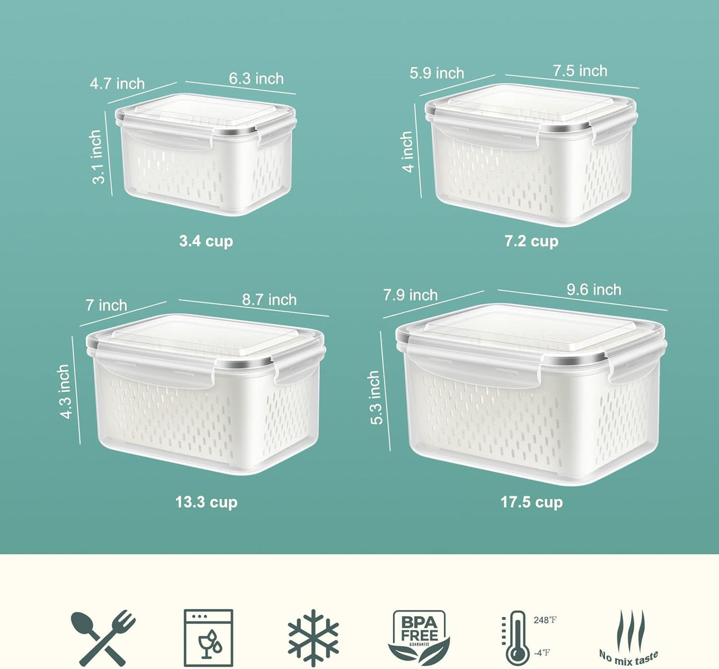 10 Pieces Fruit Storage Container for Fridge, 5 Pack Plastic Fruit Containers for Fridge with Removable Colander, Container for Fruit Berry Salad, BPA Free Kitchen Refrigerator Organizers