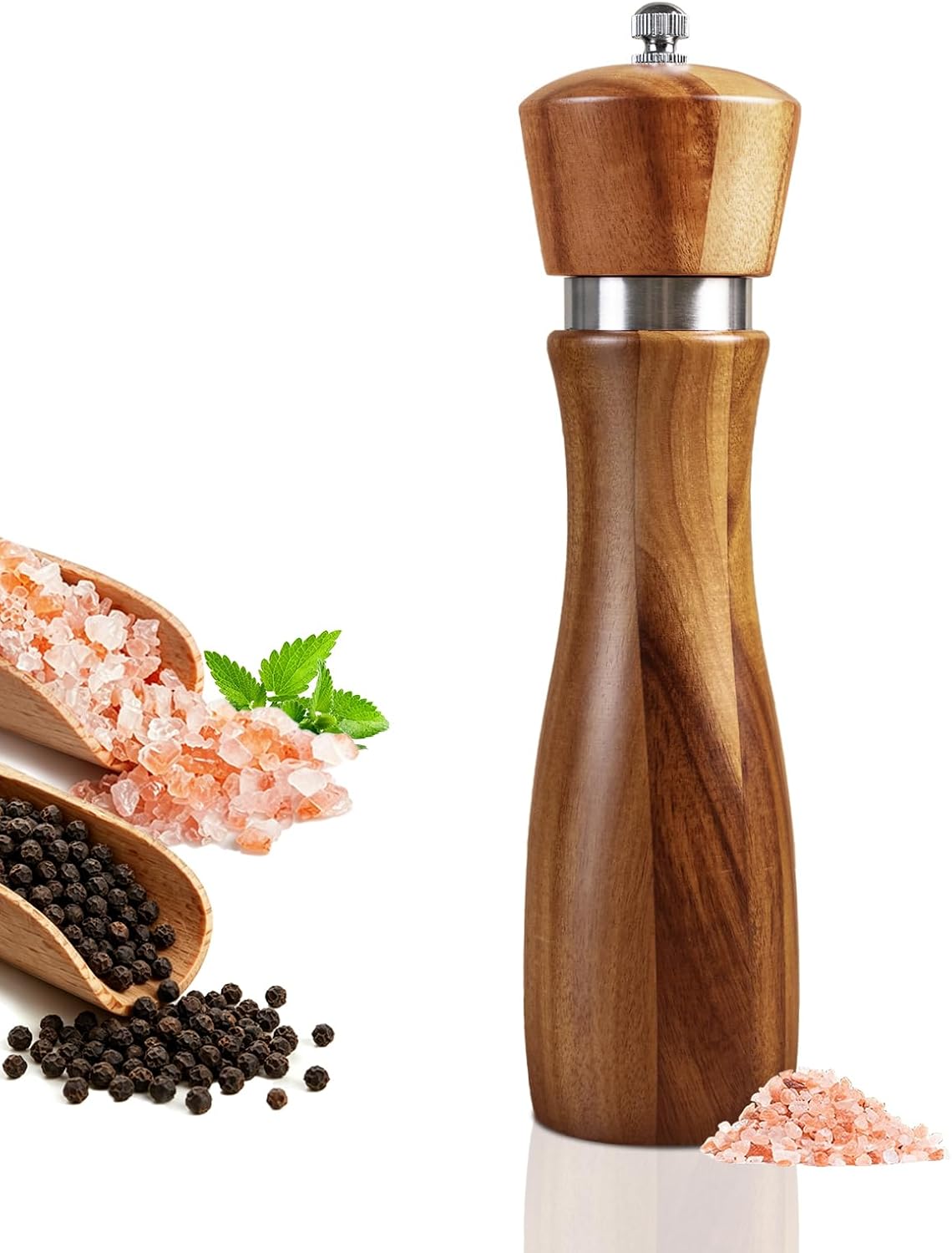 Acacia Wood Pepper Grinder, 8 Inch Salt Mill Pepper Mill for Kitchen