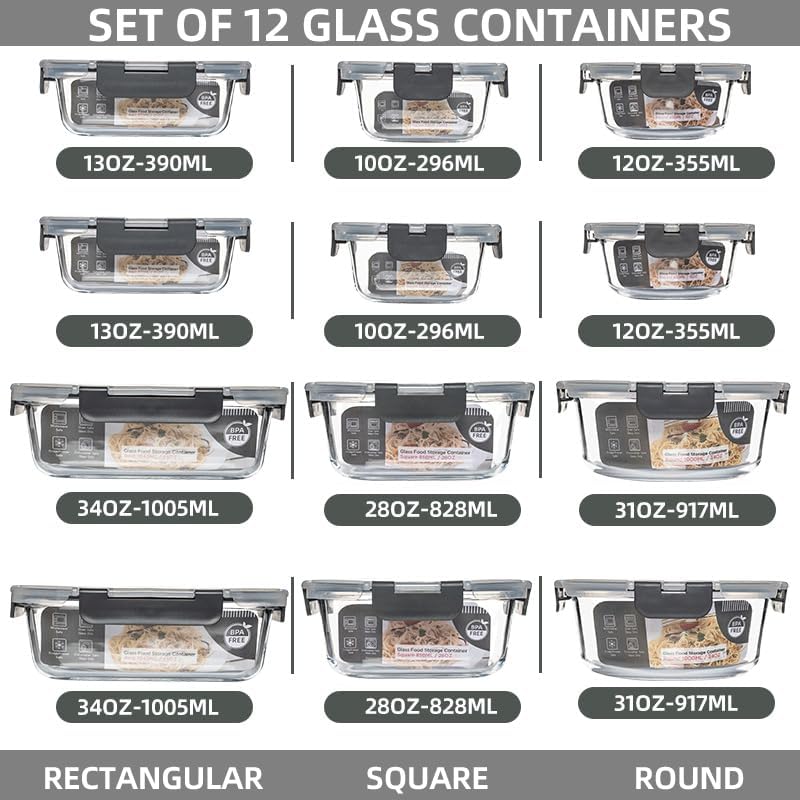 12 Pack Glass Storage Containers Transparent, Stackable Design Meal Prep Containers for Food Storage, Home, Kitchen & Pantry Organization, Microwave/Freezer/Dishwasher Safe