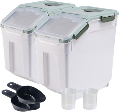 2 Pack Large Flour Storage Container 50 lb Airtight Rice Storage Container with Lid, Wheels, Measuring Cup, Scoop, Plastic Flour Sugar Bin Organizer for Grain Cereal, Rice Dispenser (Green)