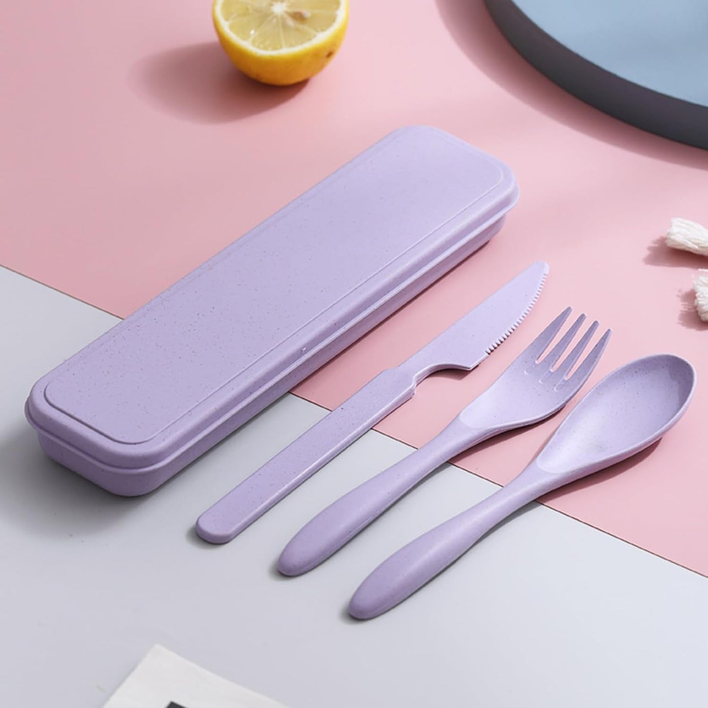Reusable Travel Utensils Set with Case, 2 Sets Wheat Straw Portable Plastic Fork Spoons Knife Cutlery, Camping Eco-Friendly BPA Free Tableware for Kids Adults Work Picnic or Daily Use (Pink)