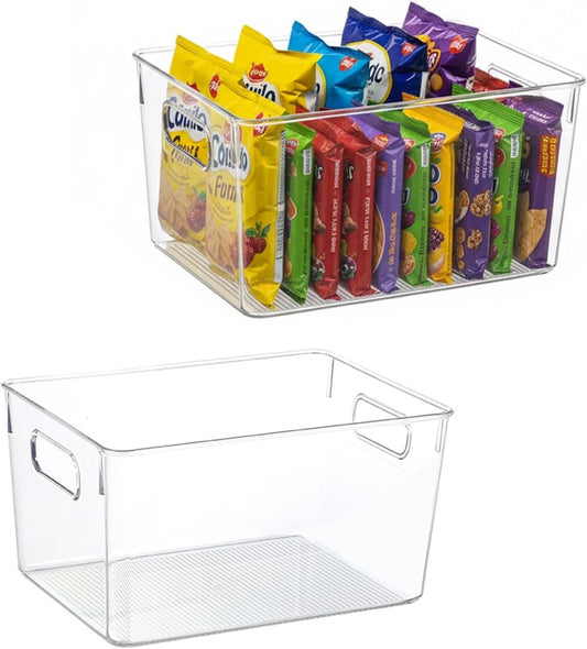 Clear Plastic Storage Bins – Pantry Organizers & Storage Containers for Kitchen, Fridge, Freezer, Cabinets, Bathroom, Laundry Room, Closet, Office, Garage & Home Organization（2 Pack
