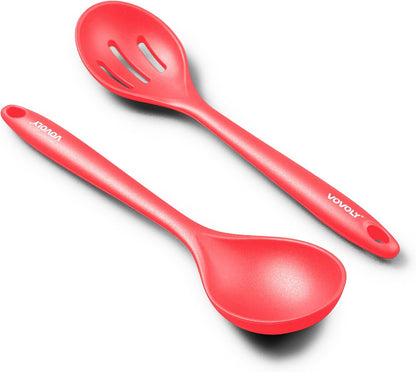 VOVOLY Silicone Spoons for Cooking, Solid & Slotted Spoon Set, Med, Black