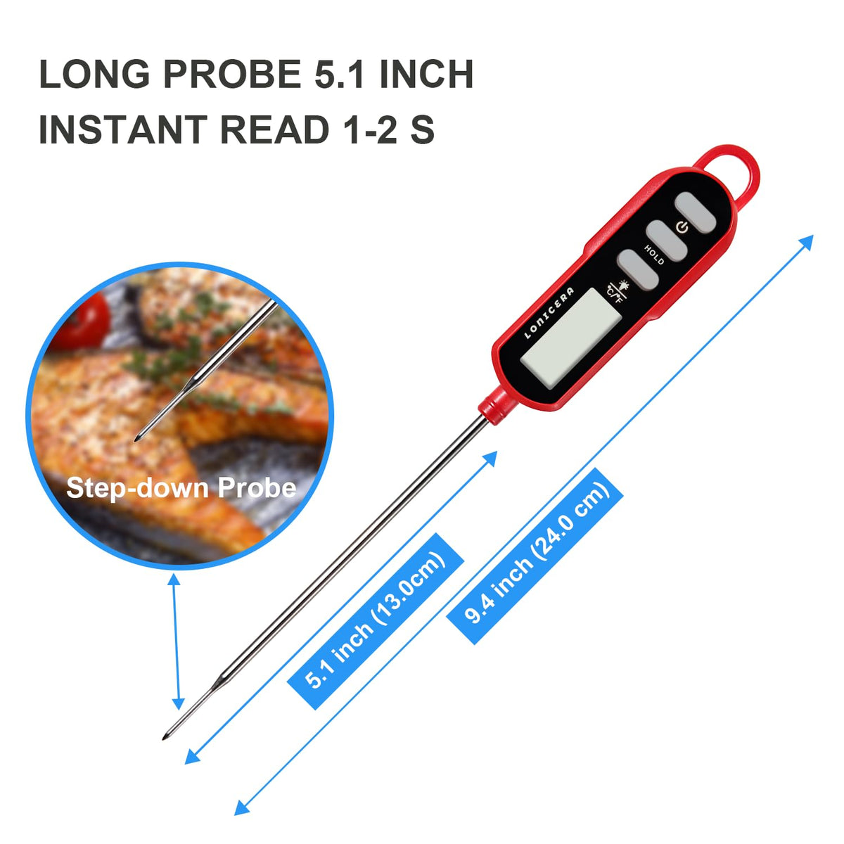 LONICERA Digital Candy Thermometer with Pot Clip, 11-Inch Probe, Red