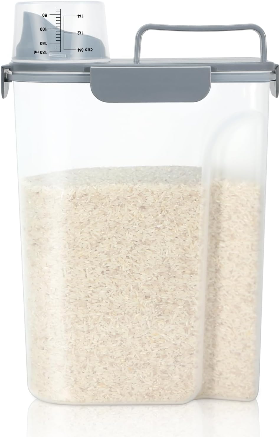 LEAWALK Airtight Rice Storage Container, 3-5Lbs Cereal Dry Food Flour Bin, Pet Dog Cat Food Dispenser with Measuring Cup, BPA Free Plastic Kitchen and Pantry Organization Bin for Sugar-Clear Grey