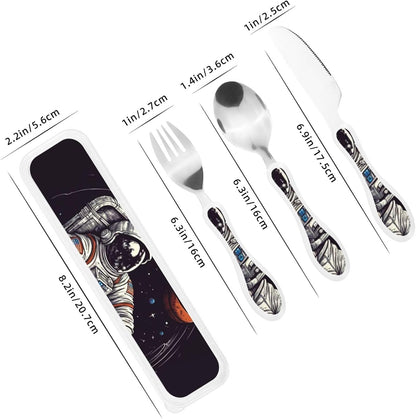 3-Piece Kids Silverware Set With Storage Case, Stainless Steel Reusable Children Safe Knife Spoon Fork Set Astronaut Cat Fish Children Flatware Set For Kids Lunch Box