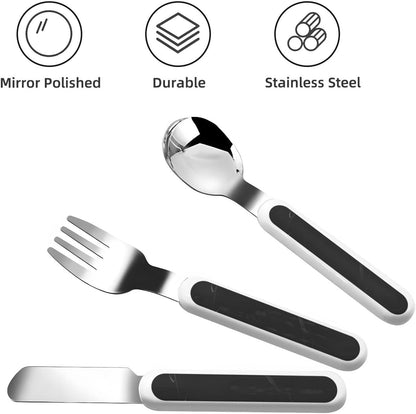 Stainless Steel Kids Silverware Set, Black Marble Utensil Set Reusable Children Safe Knife Spoon Fork Set With Storage Case Dishwasher Safe For Lunch, Travel Outdoors