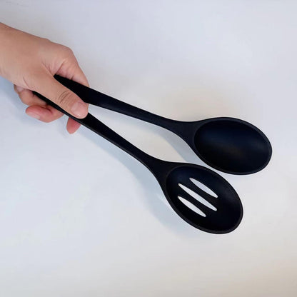 Silicone Cooking Spoon, Nonstick Kitchen Spoons Set for Cooking,Slotted and Solid Serving Spoon Heat Resistant, Silicone Mixing Basting Stirring Spoons for Nonstick Cookware 4 Pack (Black)