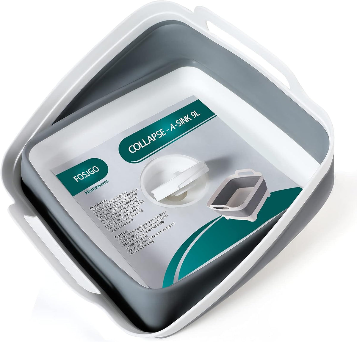 FOSJGO Collapsible Dish Basin with Drain Plug, Foldable Sink, 2.4 Gal (9L)