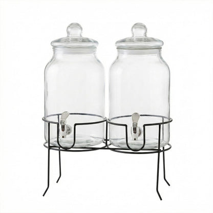 Style Setter Rustic Home Beverage Dispenser Set of 2 Cold Drink Dispenser w/ 1-Gallon Capacity each Glass Jug, Metal Rack & Leak-Proof Acrylic Chrome Spigot Great for Parties, Weddings