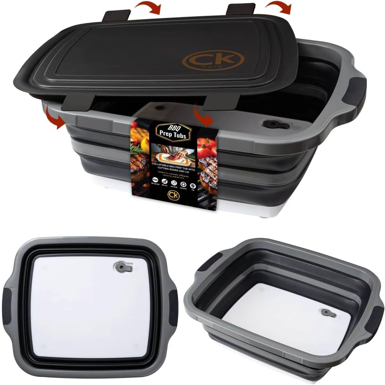 New XL Collapsible BBQ Prep Tub with LOCKING Lid, Cutting Board & Drain Hole | BPA-Free, Food-Grade, Space-Saving Prep Tubs for Marinating, Grilling, Camping & Outdoor Cooking (Black, 16L)