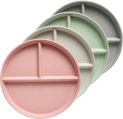 greenandlife 9 Inch 4PCS Portion Control Plates with Lids, Divided Plates for Kids Adults, Dishwasher Microwave Safe Compartment Plate, Unbreakable Lightweight Reusable Wheat Straw Plate, Earth Tone