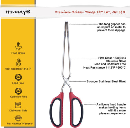HINMAY Stainless Steel Scissor Tongs 12" and 16" Set, Extra Long Metal Kitchen Tongs for Cooking, Grilling & Serving (Set of 2, Black)