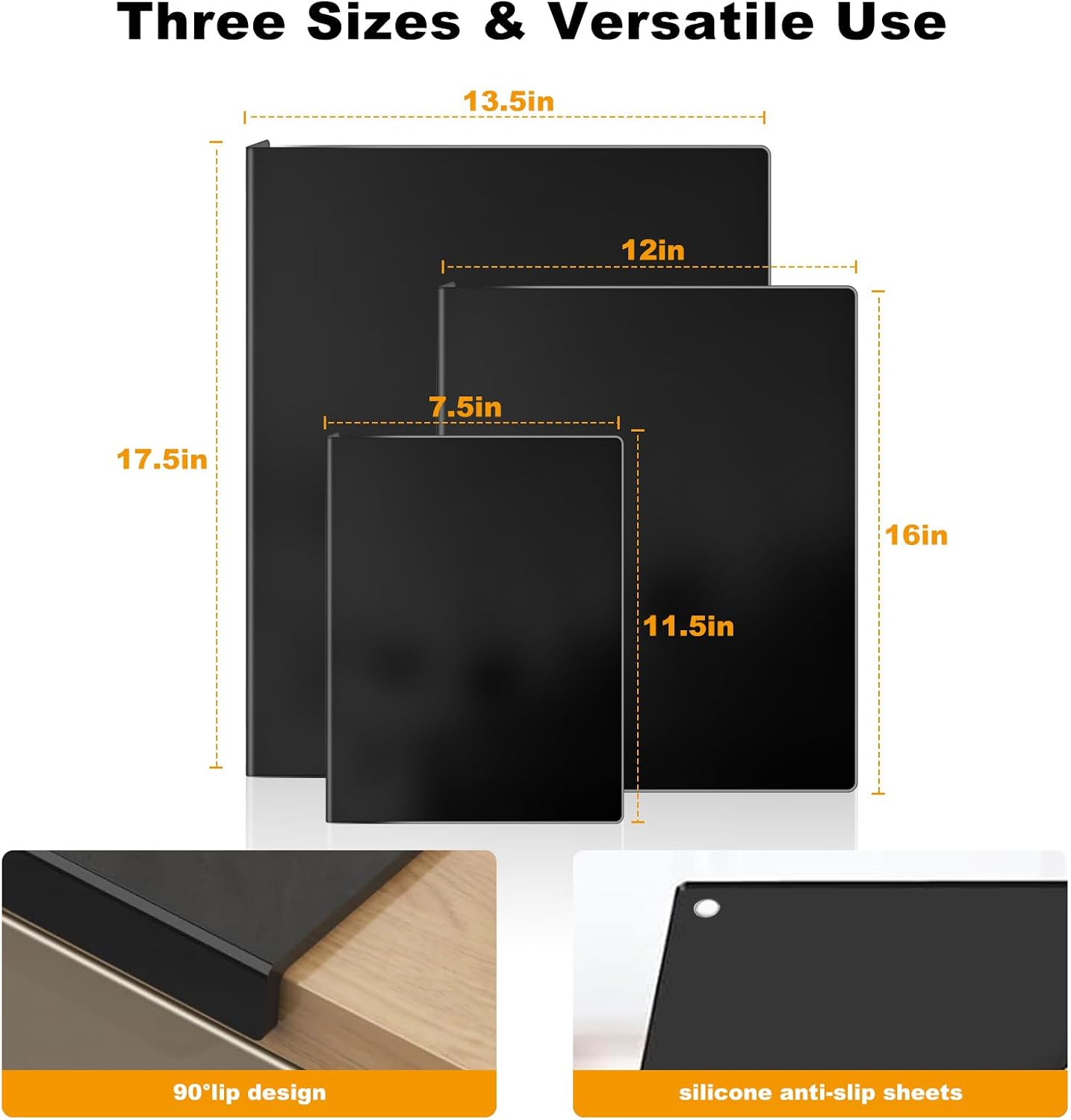 3-Piece Acrylic Cutting Board Set with Counter Lip, 3 Sizes (17.5x13.5/16x12/11.5x7.5Inch) for Kitchen Countertops, Non-Slip Durable Black Countertop Protector, Ideal for Home Decor Housewarming Gifts