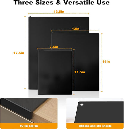 3-Piece Acrylic Cutting Board Set with Counter Lip, 3 Sizes (17.5x13.5/16x12/11.5x7.5Inch) for Kitchen Countertops, Non-Slip Durable Black Countertop Protector, Ideal for Home Decor Housewarming Gifts